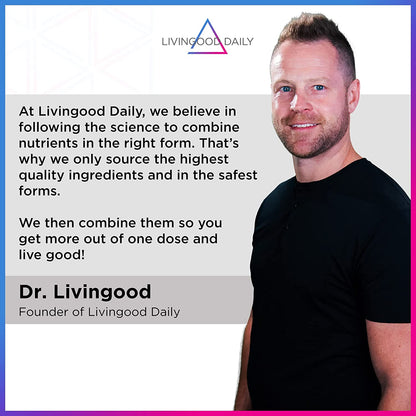 Man standing next to text about Livingood Daily values and quality ingredients with company logo