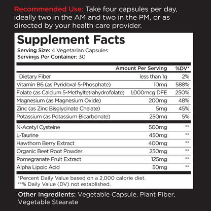 Supplement facts label showing recommended use and nutritional information for vegetarian capsules.