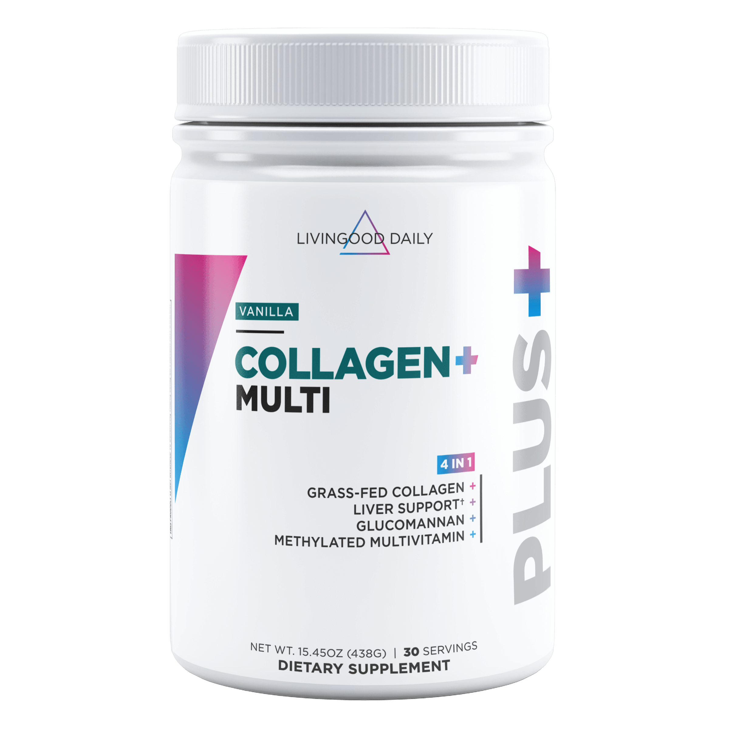 LivingGood Daily Collagen Multi Plus dietary supplement vanilla flavor grass-fed liver support glucomannan methylated multivitamin jar