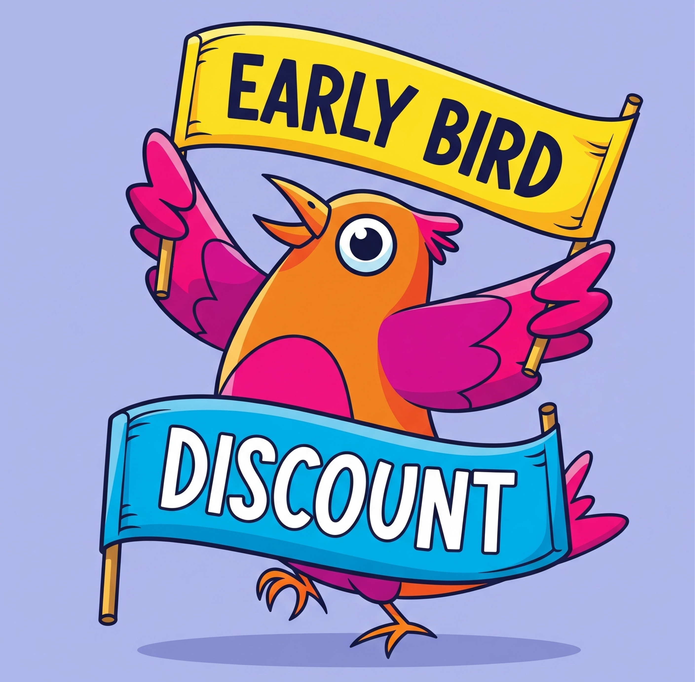Cartoon bird holding 'Early Bird Discount' signs on a purple background