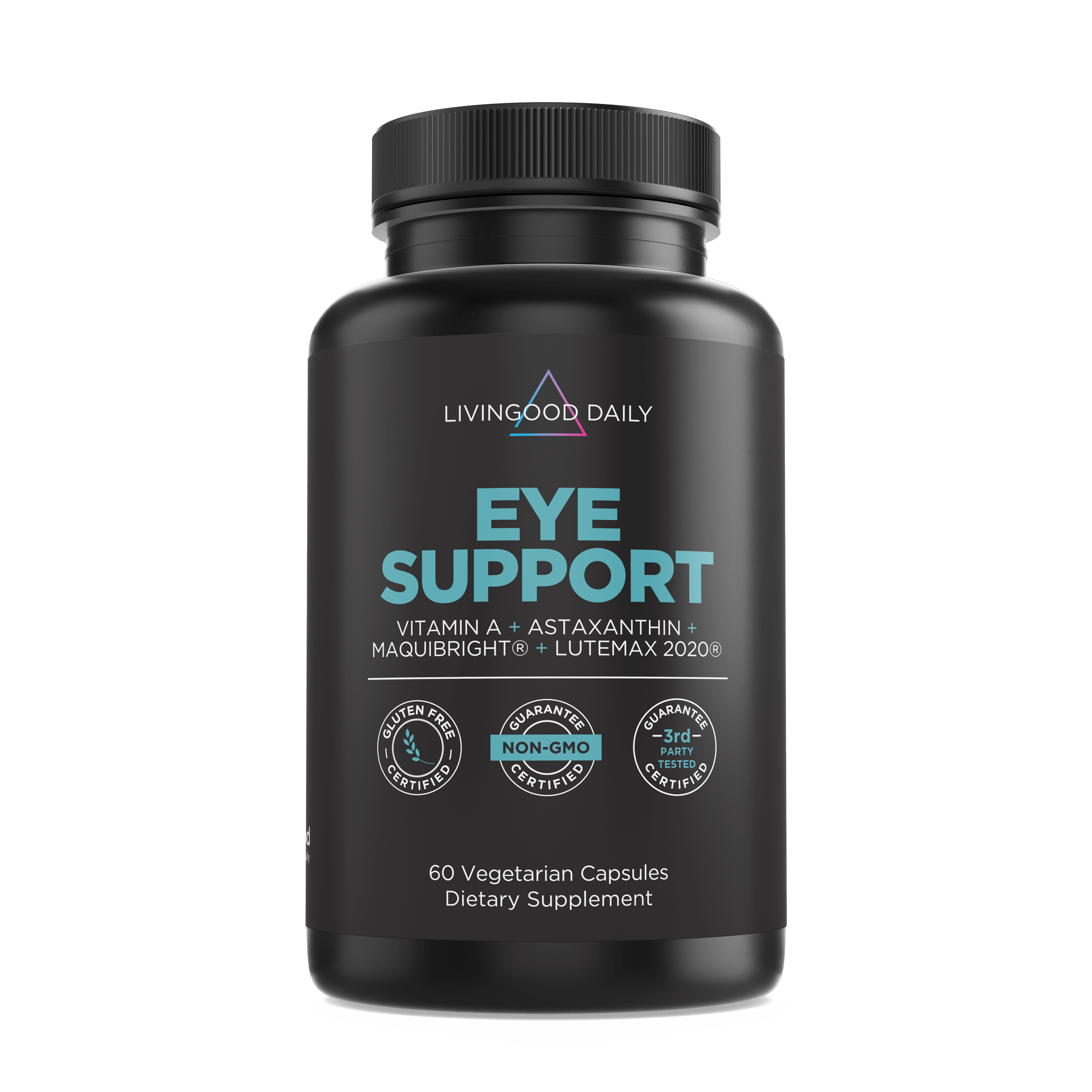Living Good Daily Eye Support supplement bottle with Vitamin A, Astaxanthin, MaquiBright, Lutemax, gluten-free, non-GMO, 60 vegetarian capsules