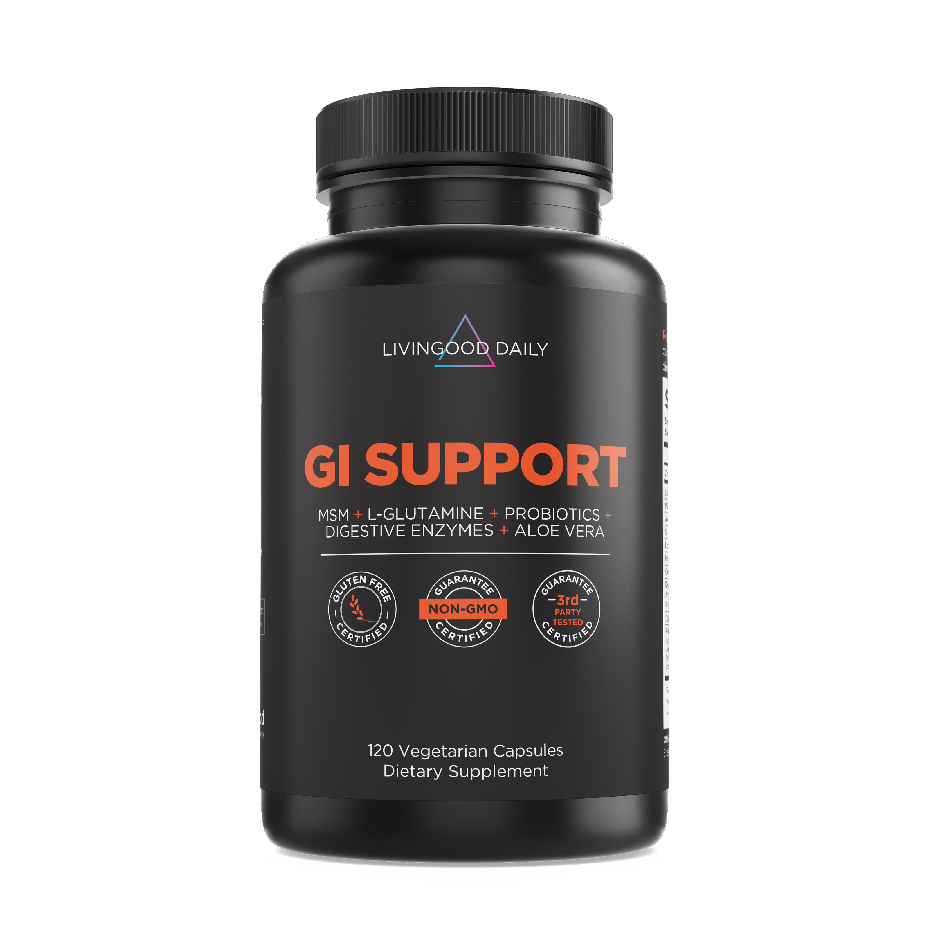 Livingood Daily GI Support supplement bottle with MSM, L-Glutamine, Probiotics, Digestive Enzymes, Aloe Vera, 120 vegetarian capsules