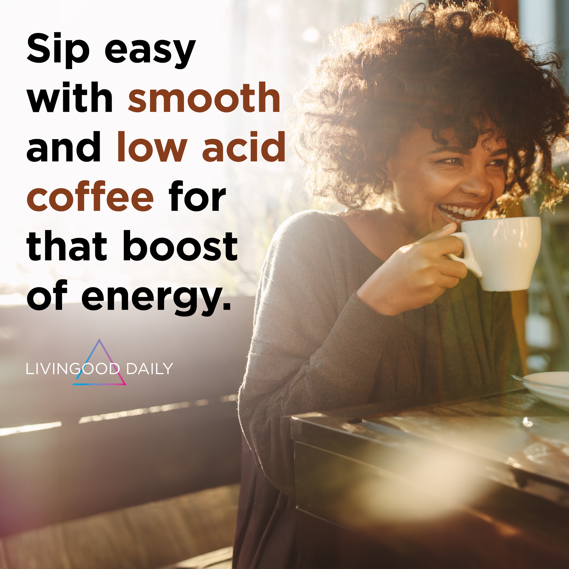 woman-enjoying-low-acid-coffee-smiling-sunlit-cafe