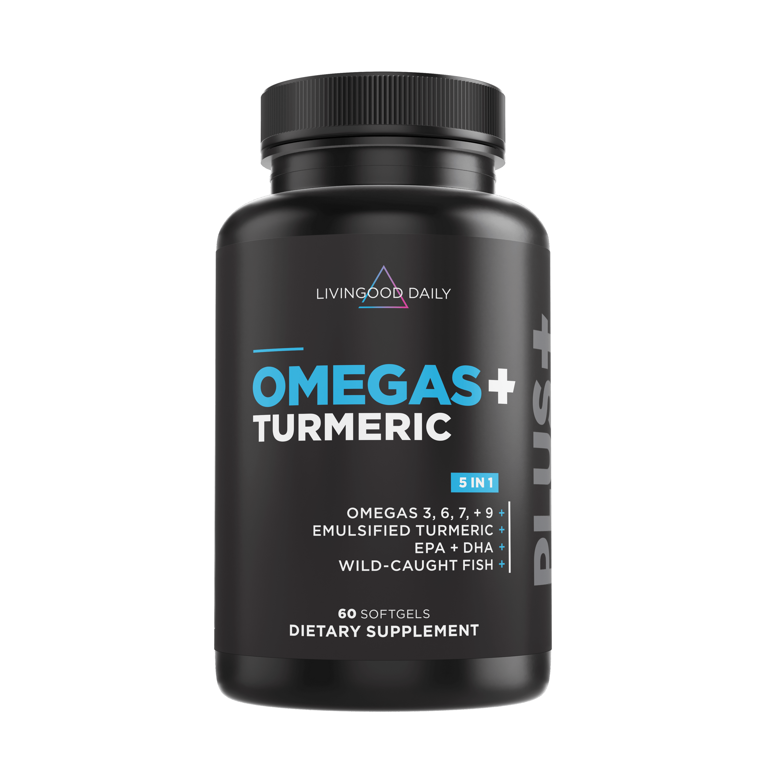 Image of the front of the Omegas and Tumeric Dietary Supplement that includes 5 in 1 benefits and 60 softgels