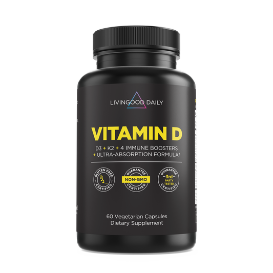 LivingGood Daily Vitamin D supplement bottle with D3, K2, immune boosters, non-GMO, gluten-free certification, 60 vegetarian capsules