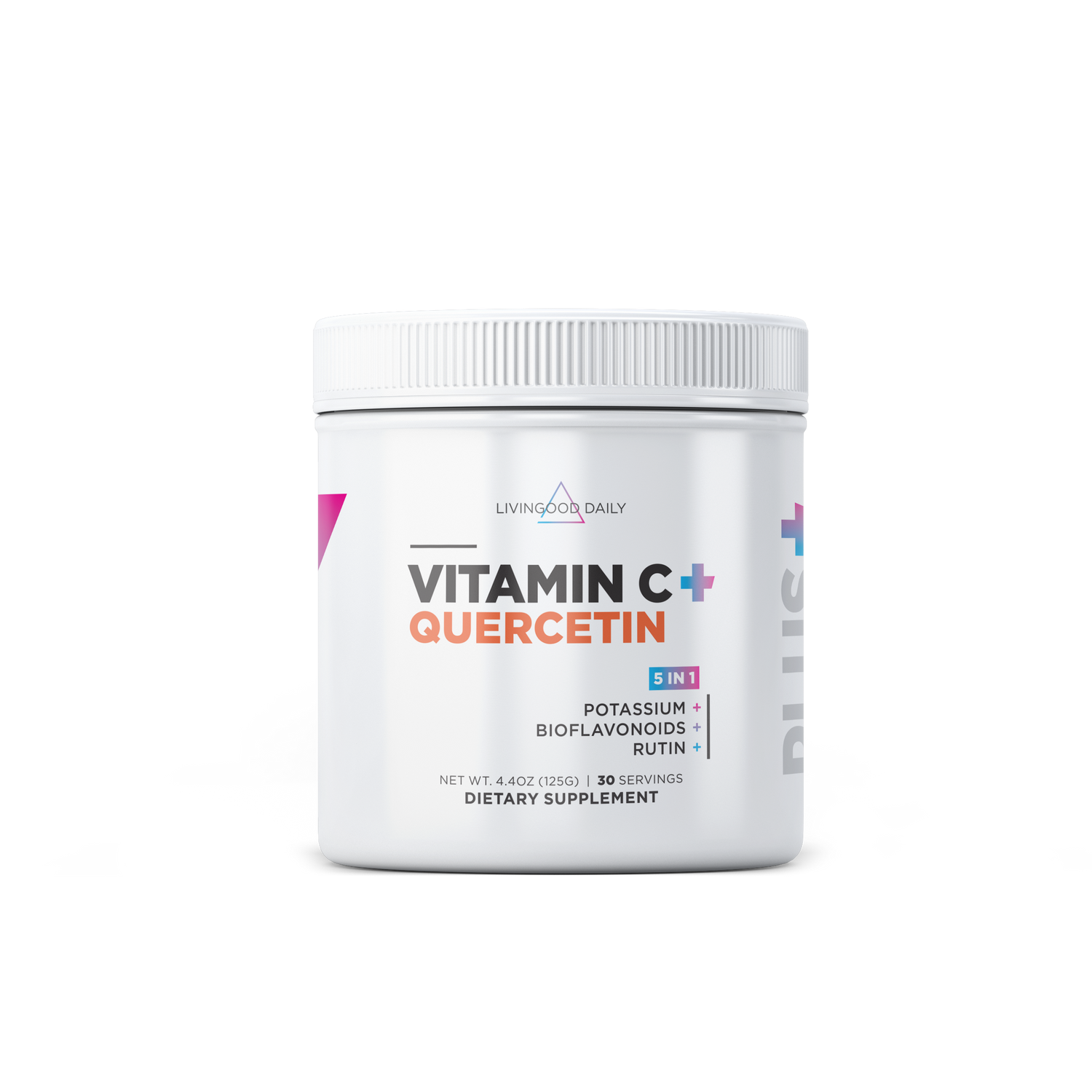 Front of dietary plus supplement Vitamin C plus Quercetin with 5 in 1 benefits and 30 servings