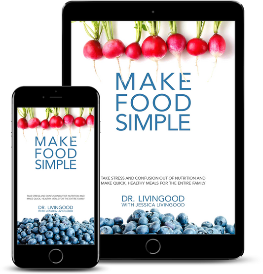 Tablet and smartphone displaying "Make Food Simple" nutrition book cover with radishes and blueberries